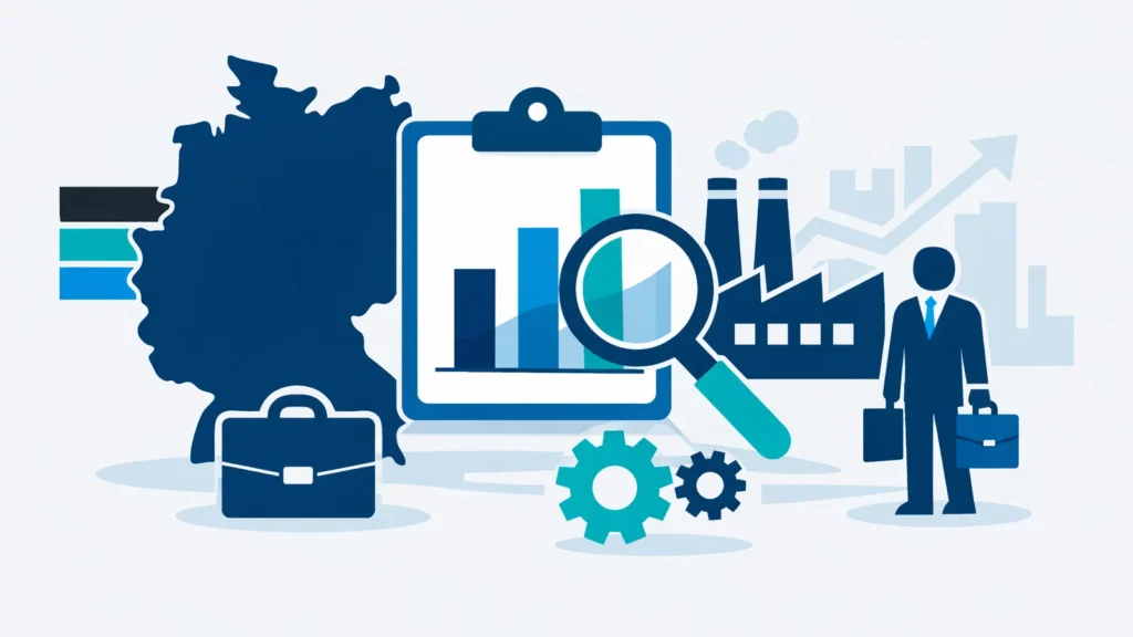 Deutscher Arbeitsmarkt Statistik mit Deutschlandkarte, Diagramm und Industrie-Symbolen