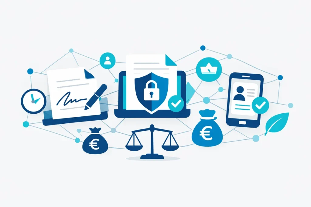 Digitale Signatur Arten mit Dokument, Smartphone und Vorteilsicons