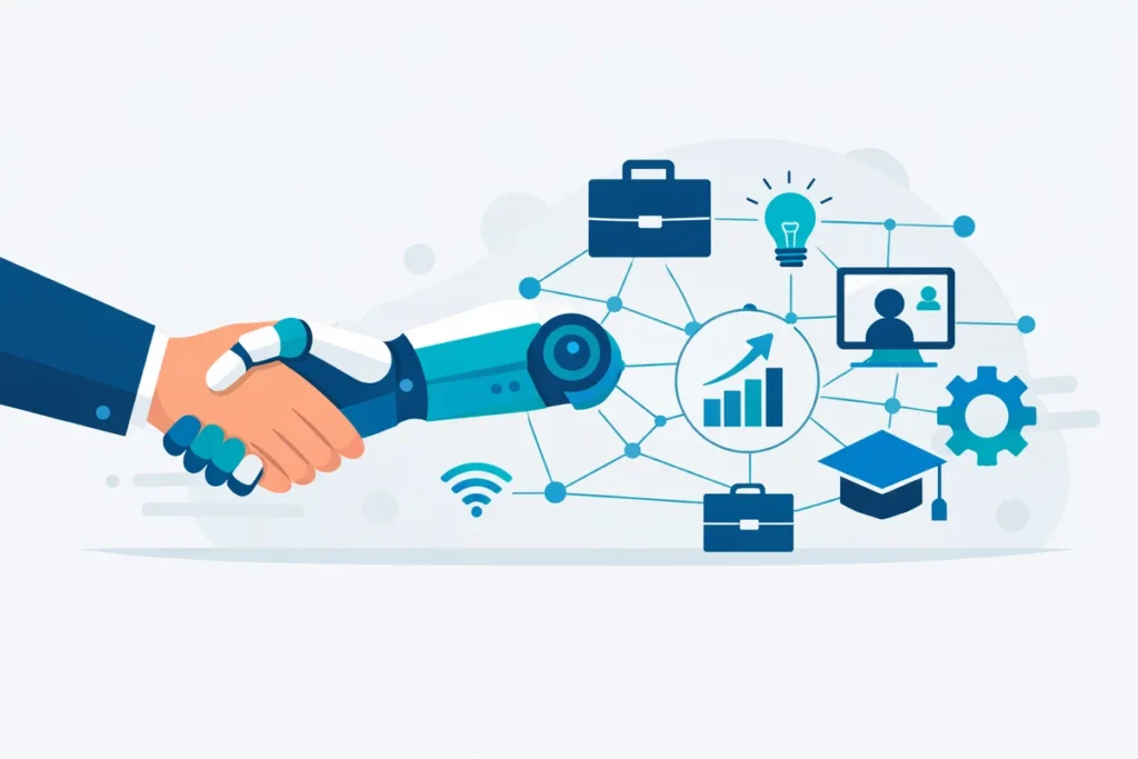 Roboterhand und Mensch symbolisieren die Digitalisierung des Arbeitsmarkts.