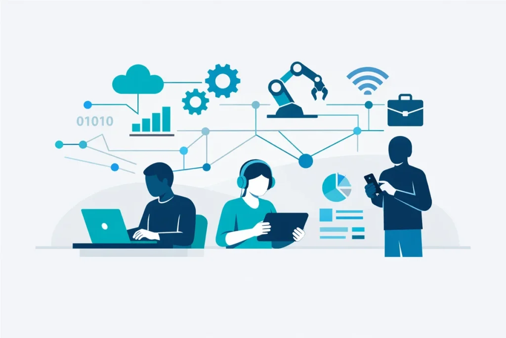 Illustration zur Digitalisierung des Arbeitsmarkts mit Netzwerken und Laptops.