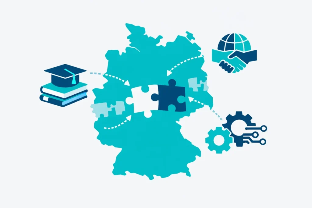 Lösungen für den Fachkräftemangel in Deutschland mit Icons.