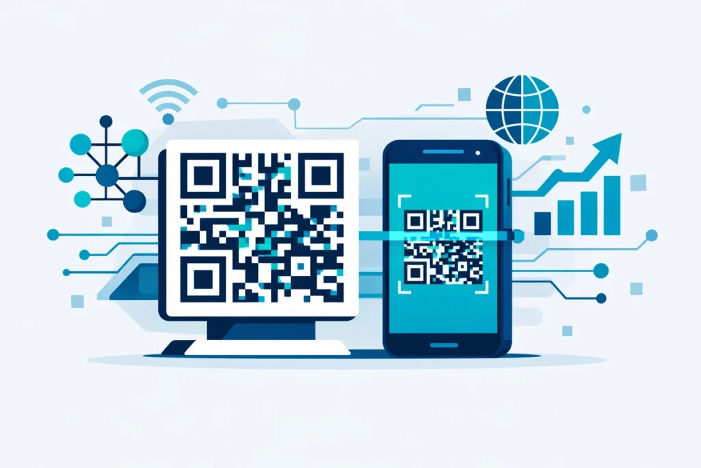 Minimalistische Illustration eines Smartphones, das QR Codes scannt.