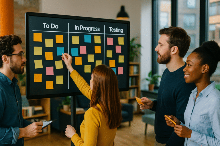 Agiles Management. Team collaborates around a digital Kanban board with sticky notes in a bright modern office, symbolising agile Teamarbeit.