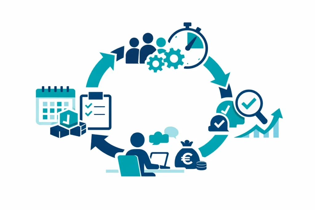 Agiles Management Prozess mit Kalender, Team und Checkmark Icons.