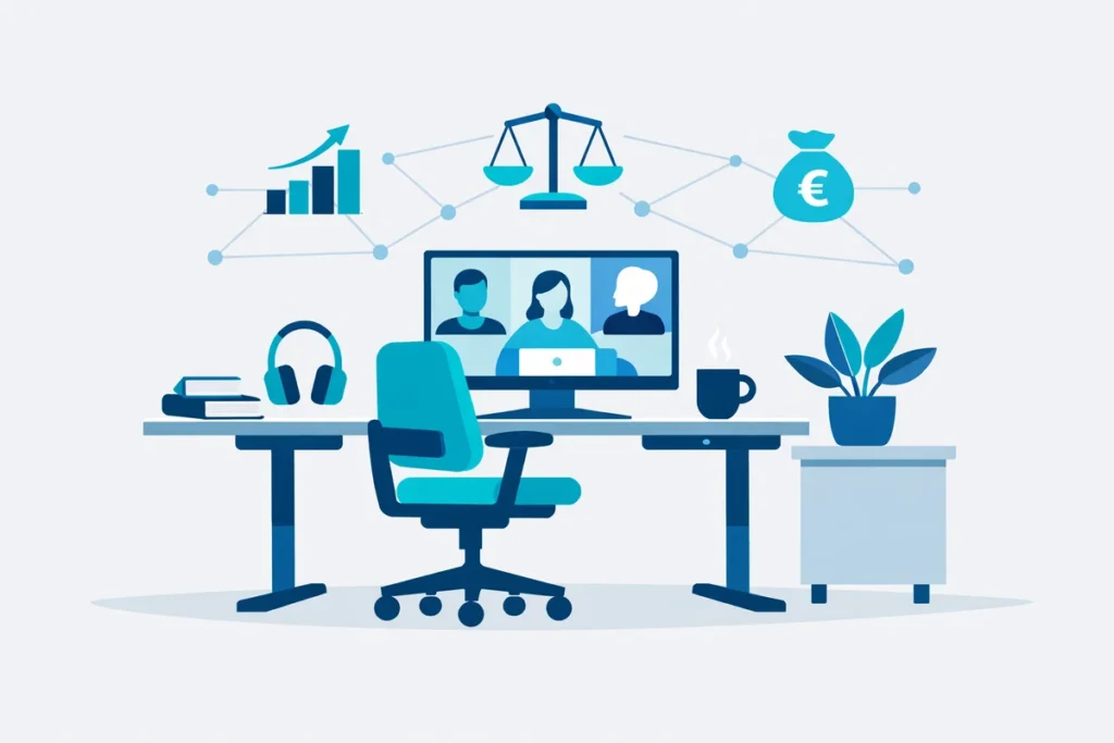 Ergonomischer Arbeitsplatz im Homeoffice Deutschland mit Konferenz.