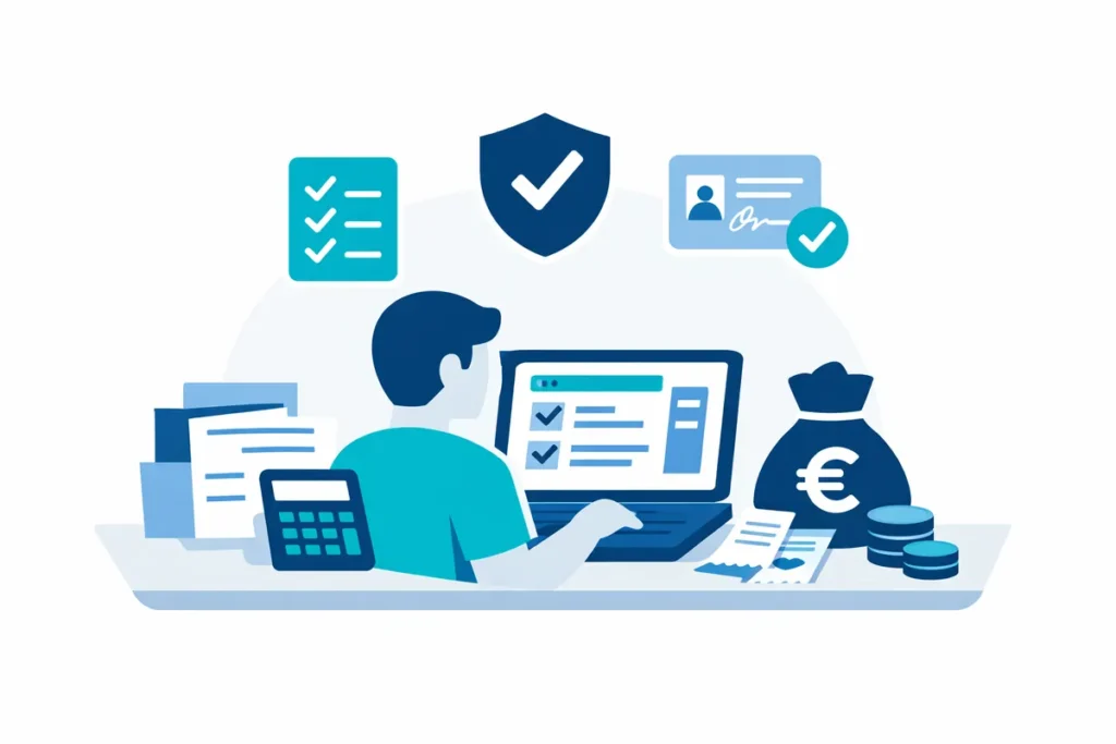 Digitale Steuererklärung selber machen mit Laptop, Unterlagen und Euro‑Münzen.