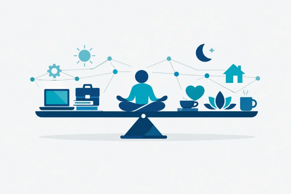 Waage aus Arbeit und Freizeit symbolisiert Work-Life-Balance Strategien.