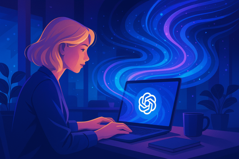 ChatGPT Atlas - Ein Mensch sitzt an einem Schreibtisch mit Laptop, umgeben von futuristischen digitalen Strömen, die einen KI‑Assistenten symbolisieren.