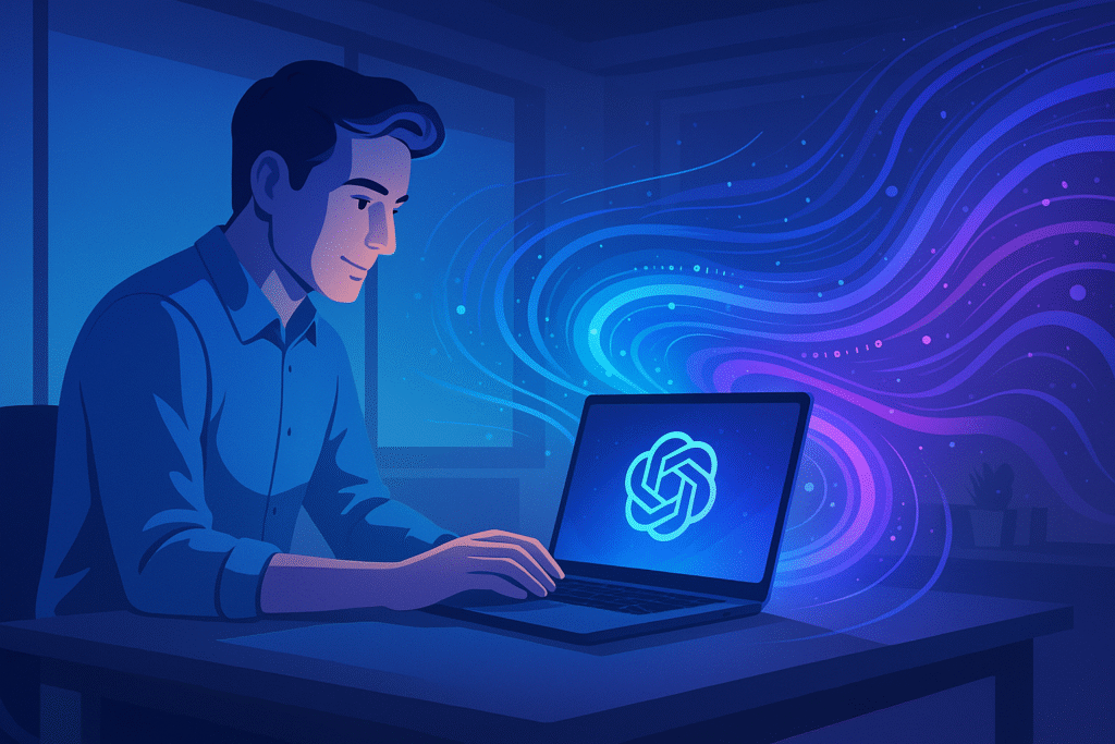 ChatGPT Atlas - Ein diverses Team bei der Remote‑Zusammenarbeit, dargestellt mit Laptops und einem holografischen digitalen Assistenten in der Mitte.