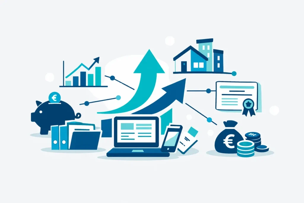 Geld anlegen mit Sparschwein, steigenden Diagrammen und Immobilien.