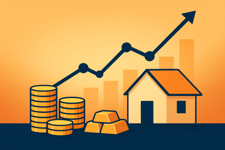Vermögen: Stapel von Münzen und ein Haus mit einem aufwärts gerichteten Trendpfeil – symbolisiert Wachstum und Vermögensaufbau.