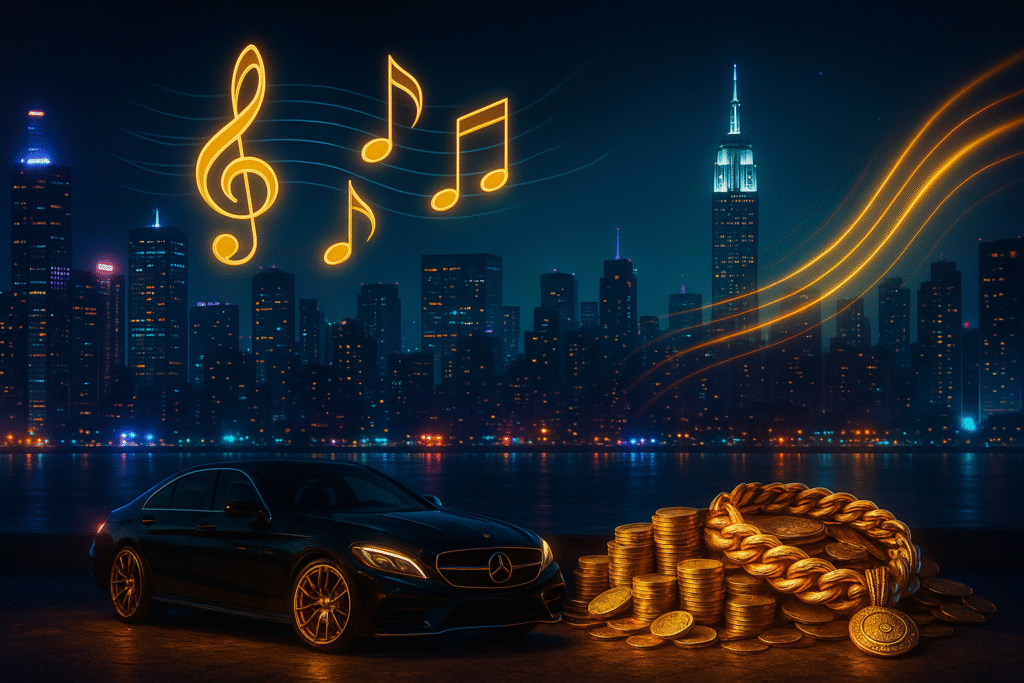 Haftbefehl Vermögen; Fiktives Bild von Luxusgütern wie Auto und Goldketten