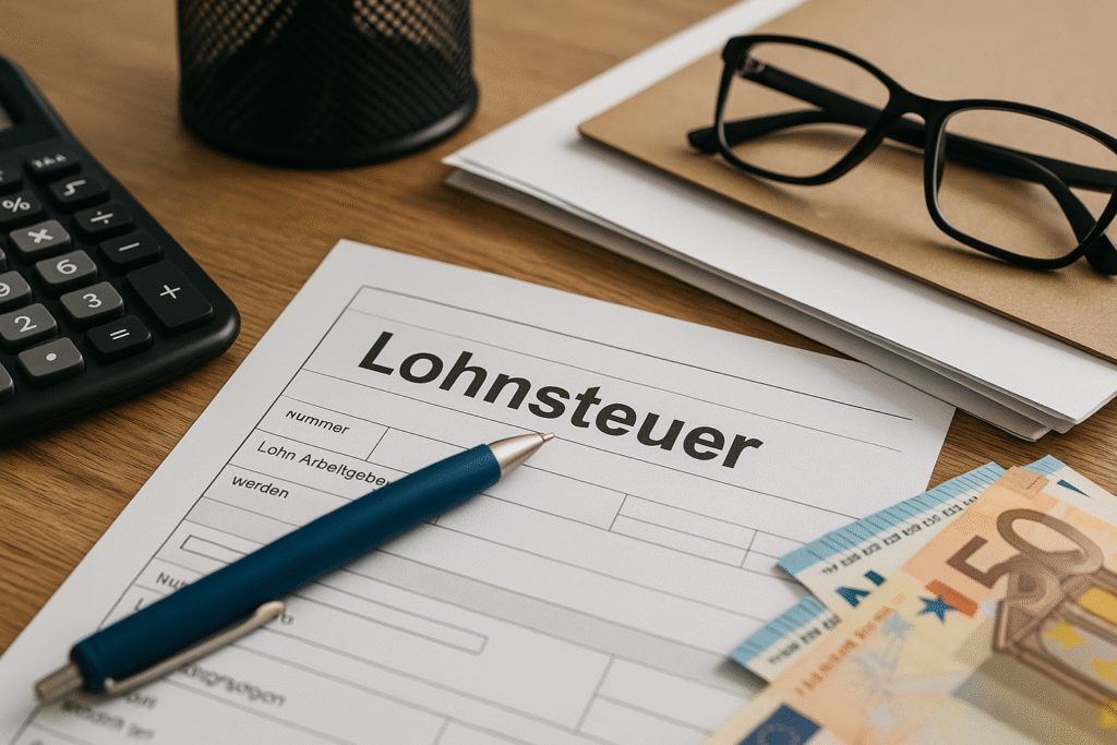 Lohnsteuer: Schreibt voller Unterlagen, mit Brille, Geldscheinen, Taschenrechner und Kugelschreiber