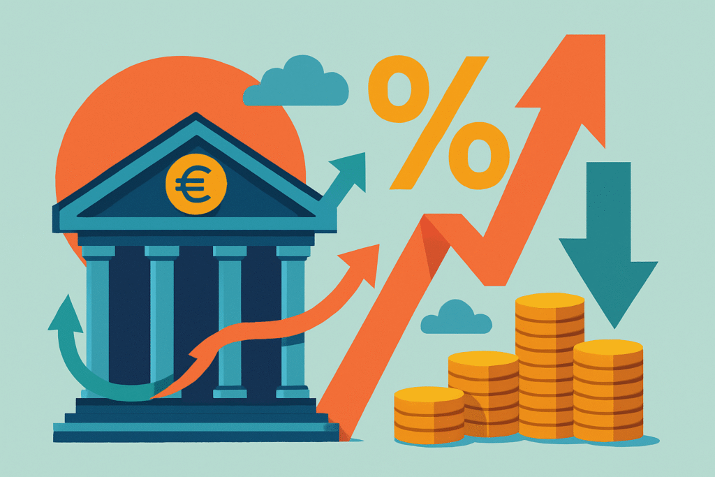 Leitzins: Fiktives Bild mit Münzen und Pfeilen die Aufwärts und Abwärts zeigen