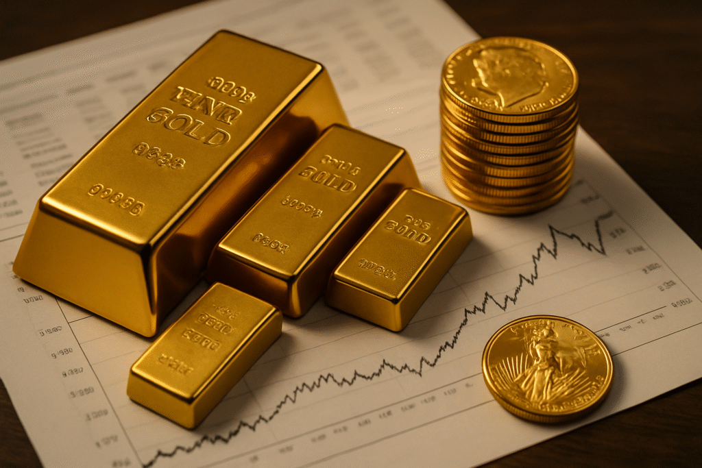 in Gold investieren: Goldbarren in verschiedenen größen neben Goldmünzen auf einem Schreibtisch