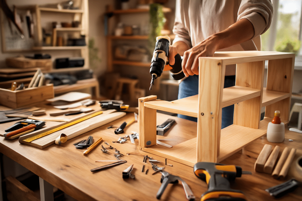 Black Friday Möbel: Fiktives Bild von einer Werkstatt und einem unfertigen Möbelstück