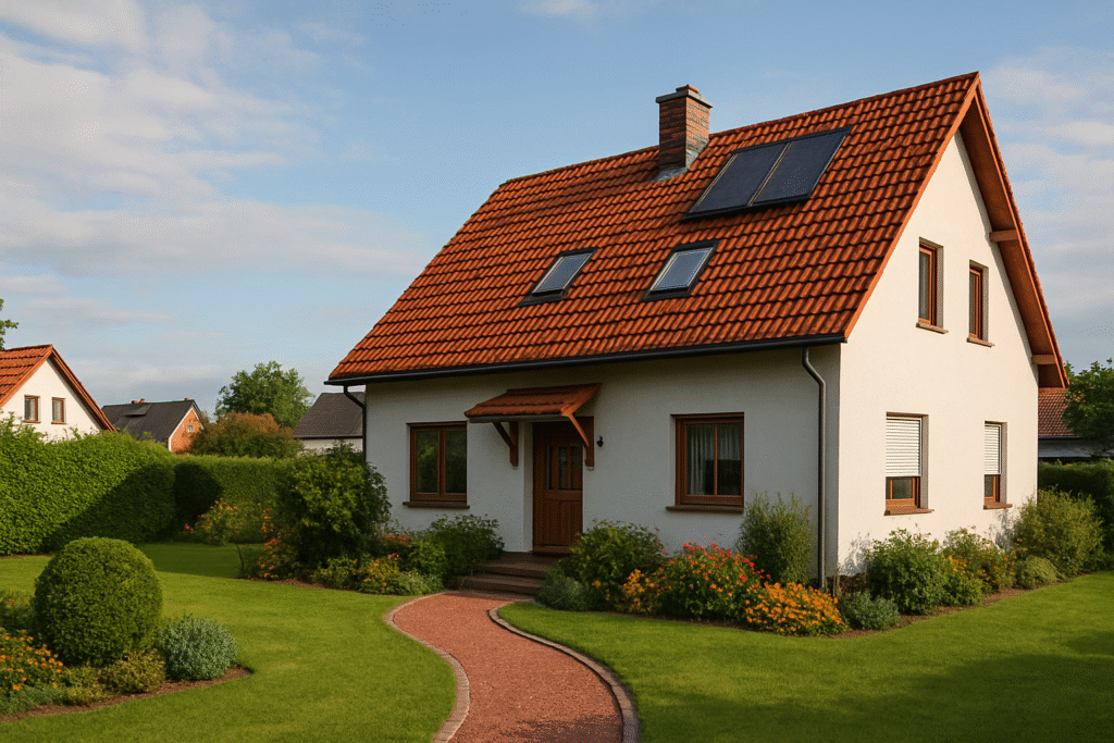 Weitwinkelaufnahme eines deutschen Vororts mit Einfamilienhäusern und Gärten.