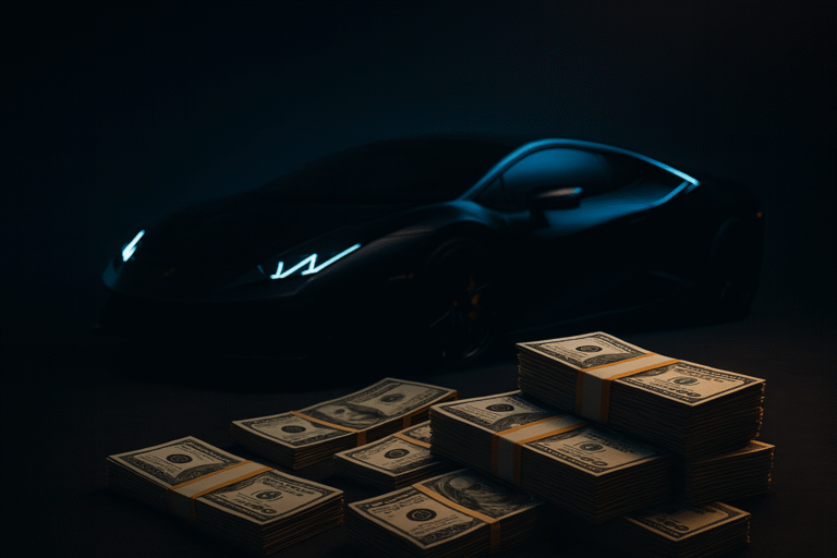 Capo Vermögen: Fiktives Bild von Lamborghini und Geld