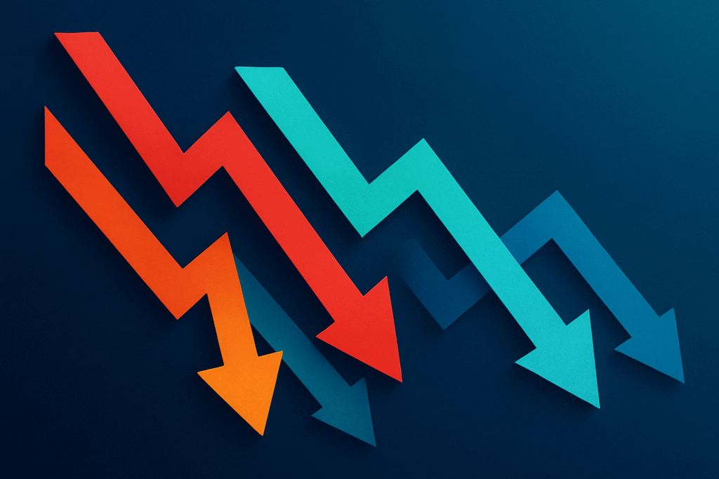 Rezession: Fiktives Bild über die Rezession. Finanzpfeile gehen fallen
