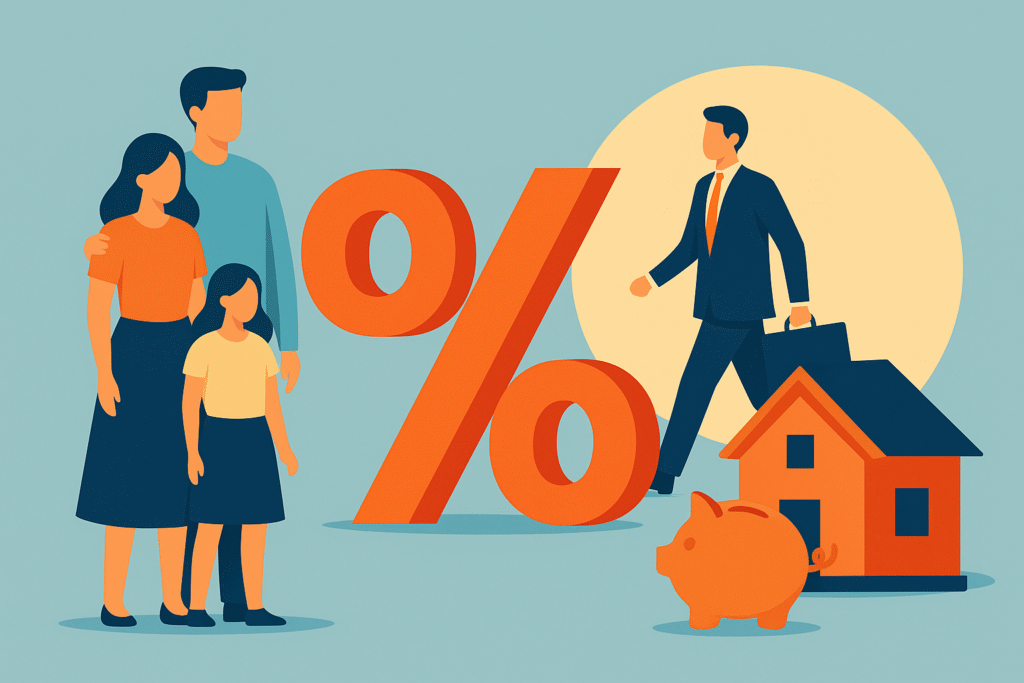 Leitzins:Familie, Geschäftsmann mit Aktenkoffer, großes Prozentzeichen, Haus und Sparschwein – symbolisiert die Auswirkungen des Leitzinses auf Haushalte, Wirtschaft und Sparverhalten. Keine Textelemente im Bild.