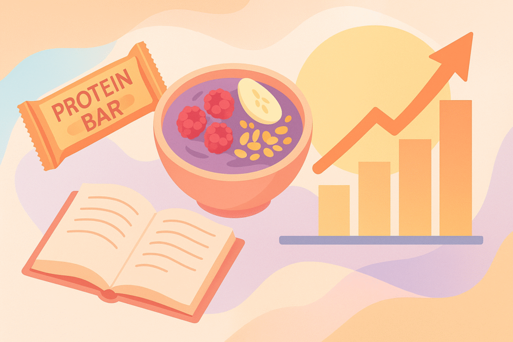 Pamela Reif Vermögen; Fiktives  Bild von Müsli, Buch und Proteinbar