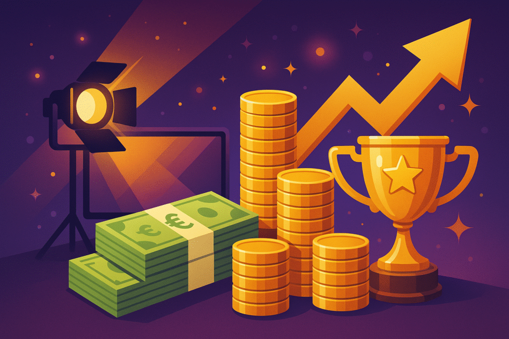 Vermögen von Heidi Klum: Fiktives Bild mit Münzen, einem Pokal, Spotlight und Geldbündel