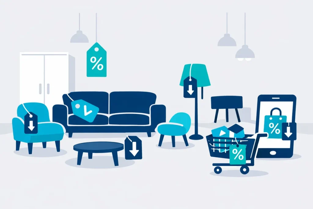Black Friday Möbelhandel Illustration mit Sofa, Tisch, Lampen und Rabattsymbolen.