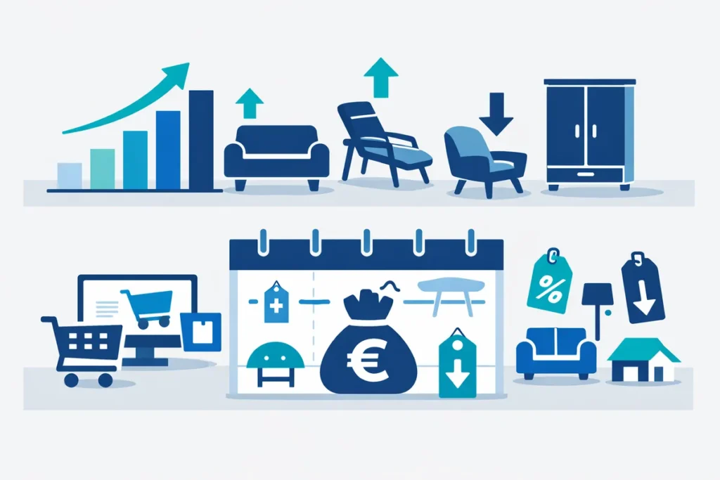 Black Friday Möbelhandel Trends mit Grafiken, Möbelkategorien und Pfeilen.