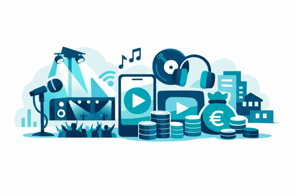 Capo Vermögen Abbildung mit Musik, Bühne und Geldsack.