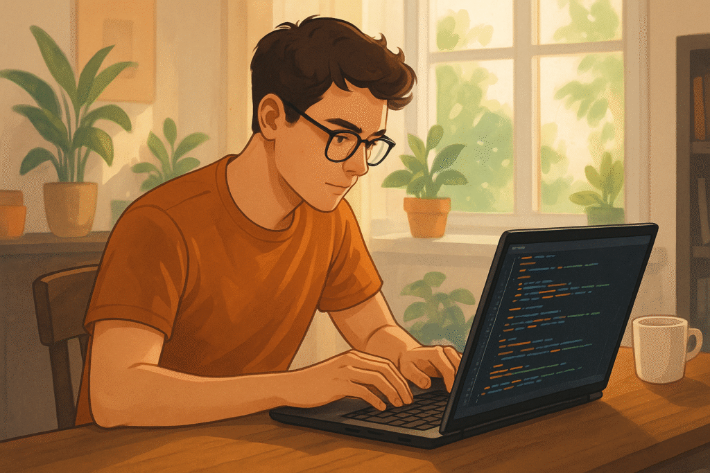 Programmieren lernen: Abstraktes digitales Netzwerk, das sich über eine futuristische Stadt erstreckt, symbolisiert Vernetzung und Technologie.