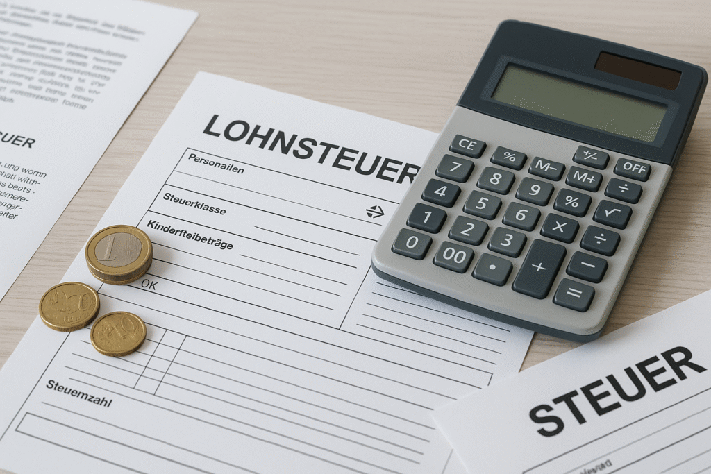 Lohnsteuer: Ein Bild von Dokumenten auf dem Schreibtisch neben einem Taschenrechner
