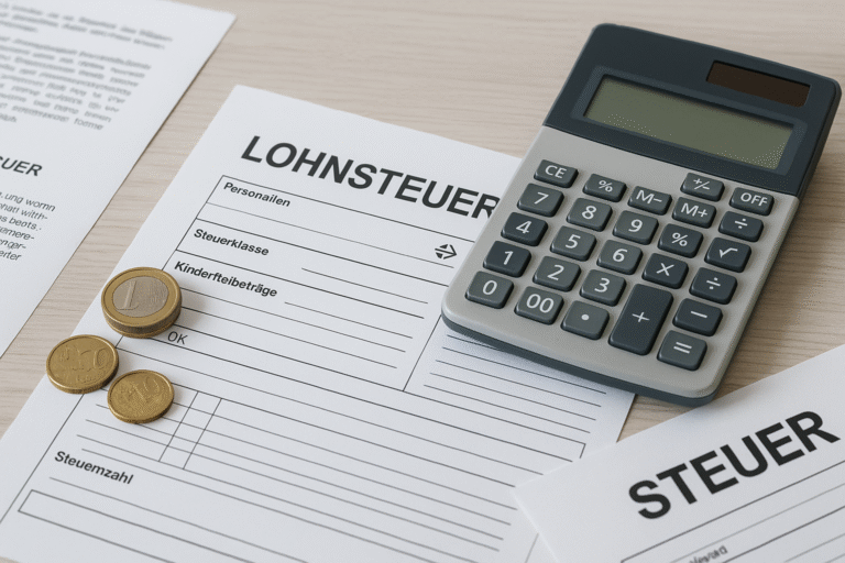 Lohnsteuer: Ein Bild von Dokumenten auf dem Schreibtisch neben einem Taschenrechner