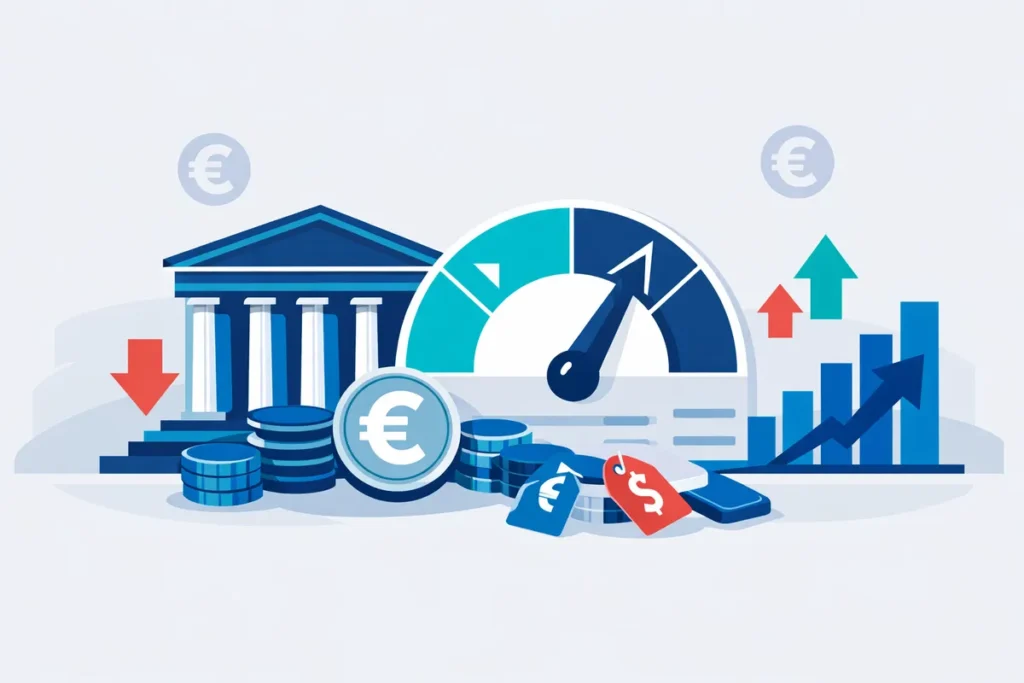 Leitzins Illustration mit Zentralbank, Zinsanzeige, Euros und Balkendiagramm.