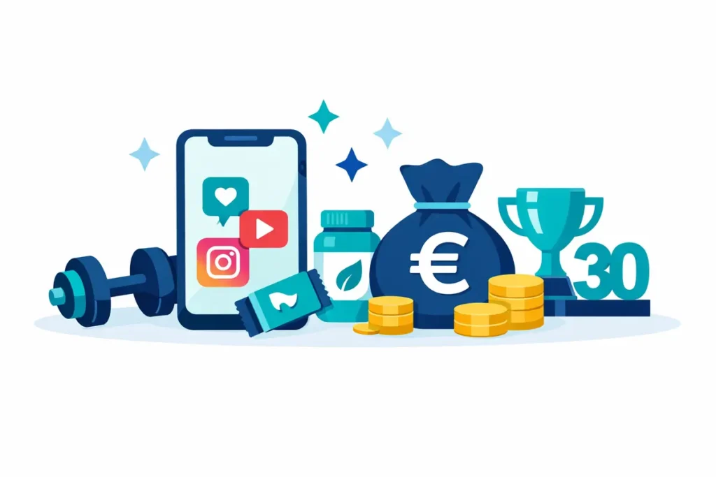 Pamela Reif Vermögen mit Smartphone, Fitness‑Symbole und Geldsack.