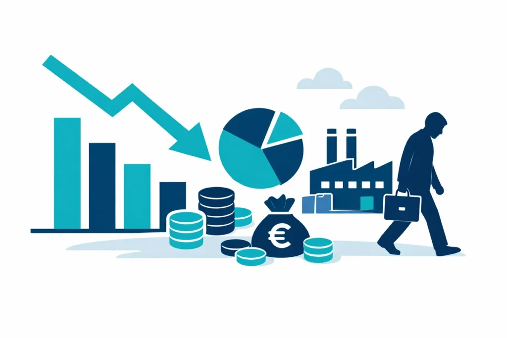 Rezession Darstellung mit fallendem Balkendiagramm, Fabrik und Geldsack.
