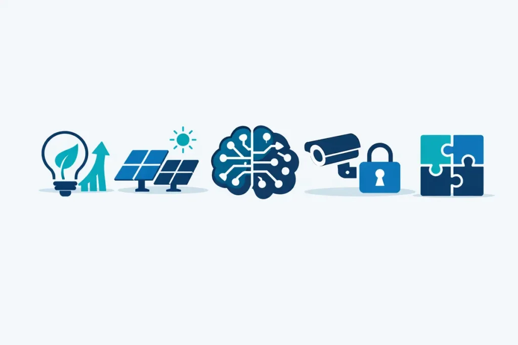 Smarte Wohntrends Icons Energieeffizienz, KI, Sicherheit und Modularität.