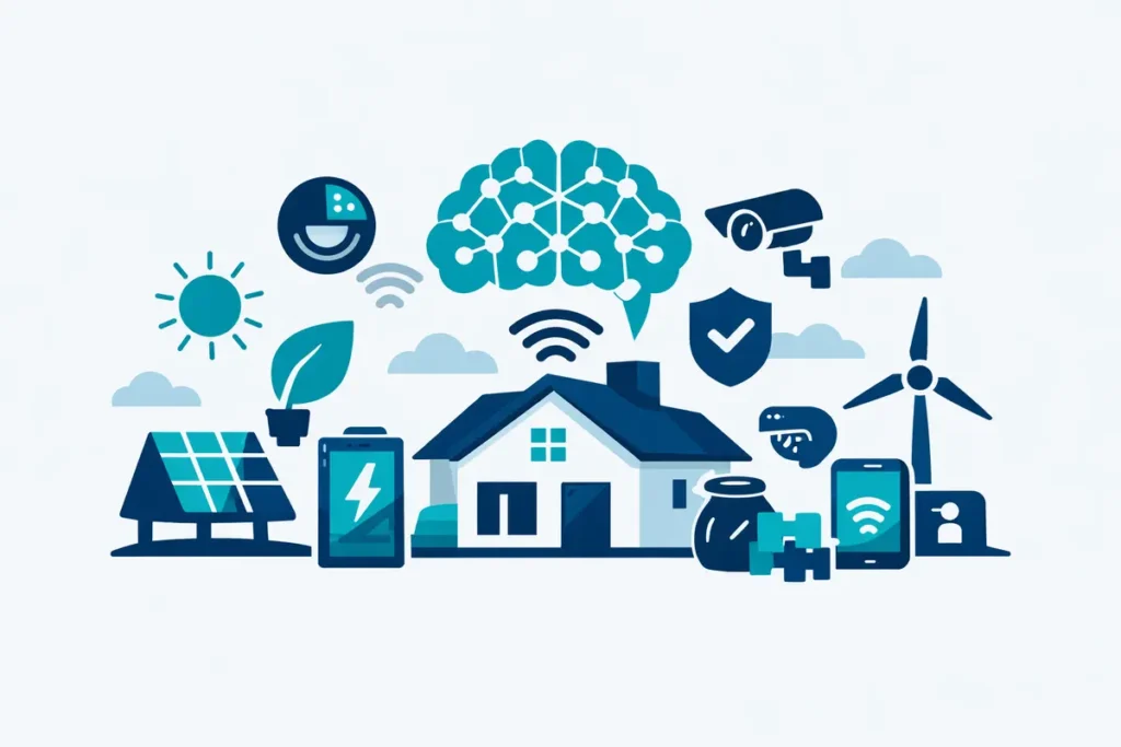 Smarte Wohntrends mit Haus, Solar, Batterie, KI und Sicherheit.
