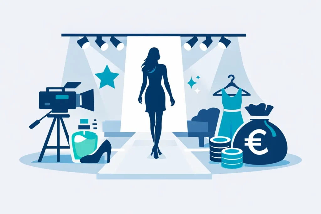 Vermögen von Heidi Klum Illustration mit Laufsteg, TV‑Kamera, Mode und Geldsack.