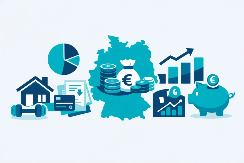 Vermögen in Deutschland Komponenten: Haus, Aktien, Sparschwein und Schulden.