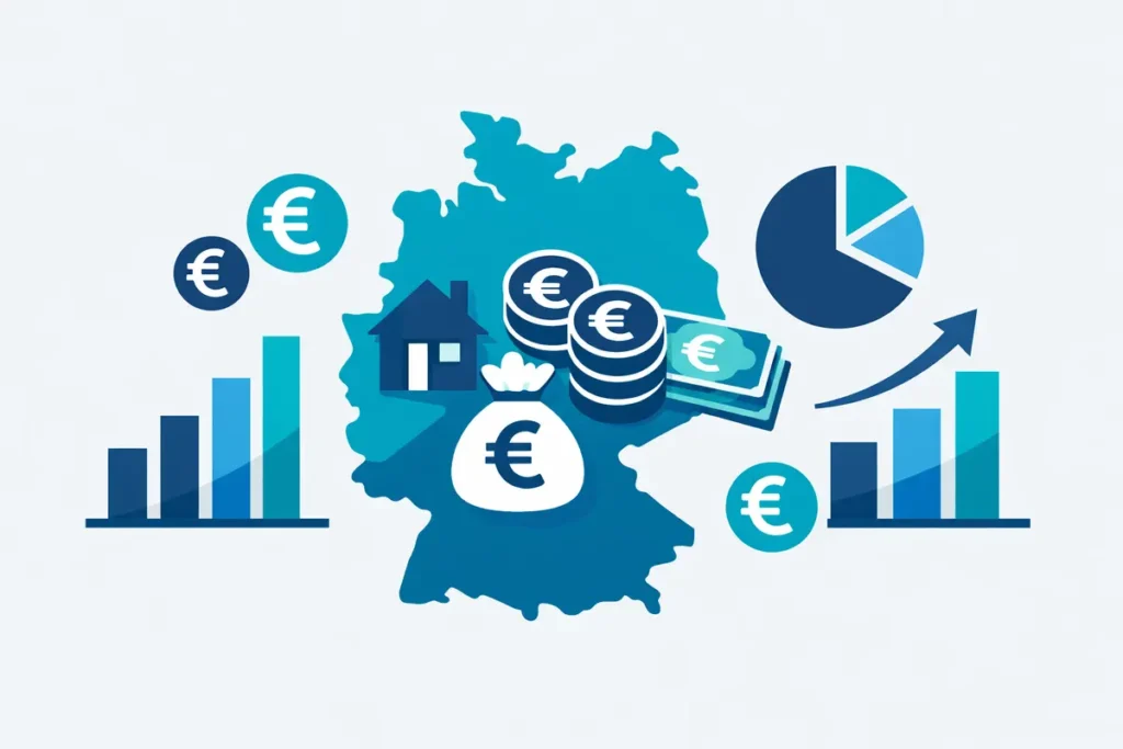 Vermögen in Deutschland Karte mit Häusern, Balkendiagrammen und Euro‑Symbolen.