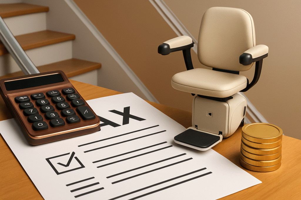 Treppenlift steuerlich absetzen: Fiktives Bild zu dem Thema mit Münzen, Stift, Papier, Treppenlift und Taschenrechner