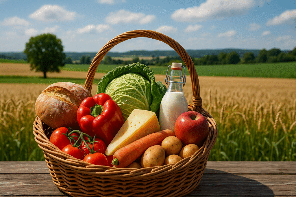 Regionale Produkte: Gemüsekorb mit Natur im Hintergrund