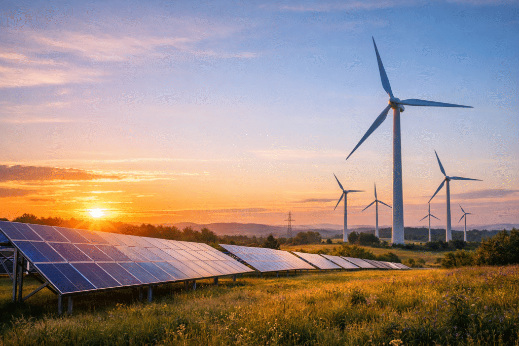 Energieversorgung: Ein Bild mit Solarplatten und Windrädern