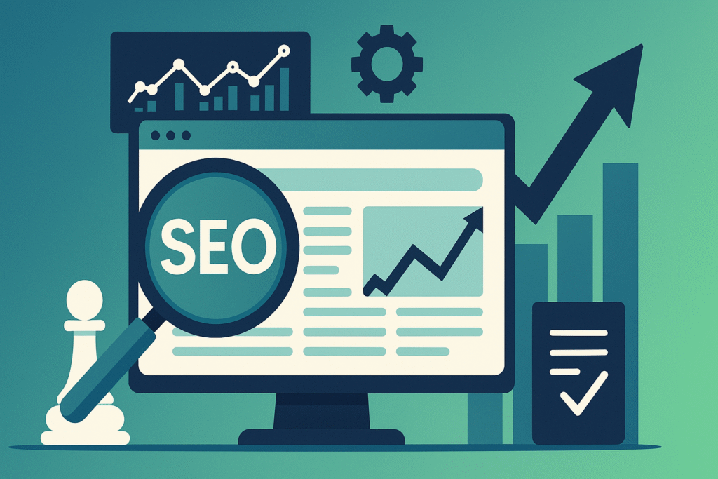 SEO-Agentur: Fiktives Beitragsbild mit verschiedenen Grafiken die zum Thema SEO passen