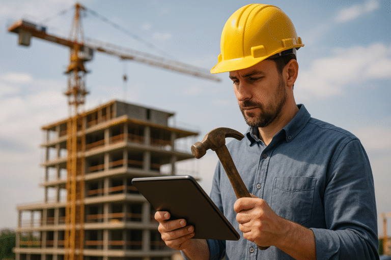 Digitalisierung im Baugewerbe: Fiktives Bild zu dem Beitrag, Mann auf Baustelle hält sowohl einen Hammer als auch ein Tablet in der Hand