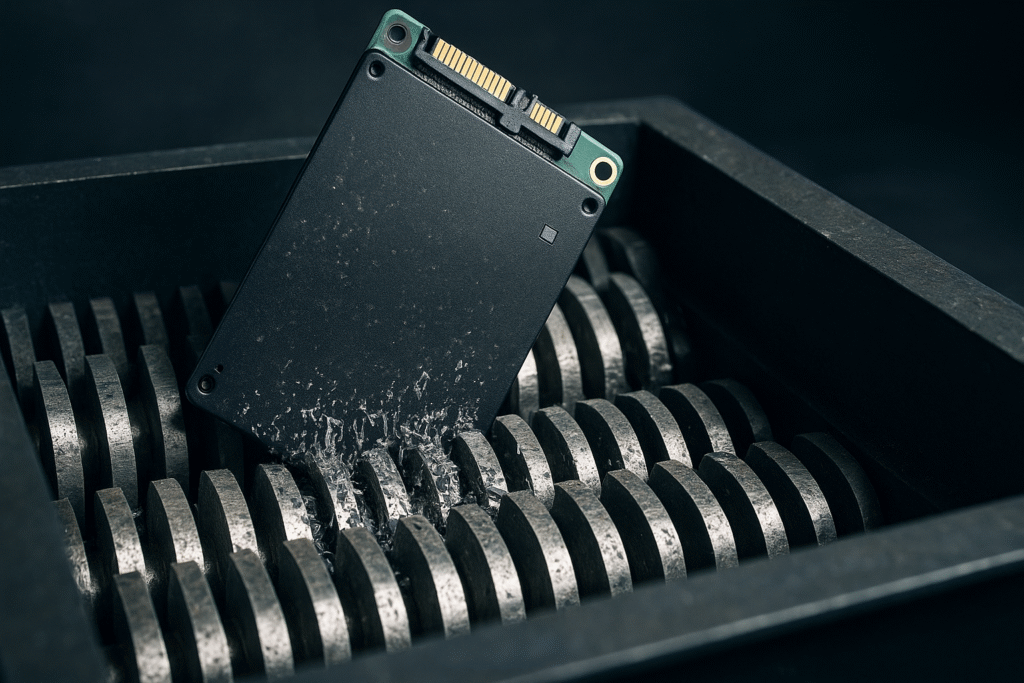 Datenträgervernichtung: Fiktives Bild von einem Datenträger in einem Schredder