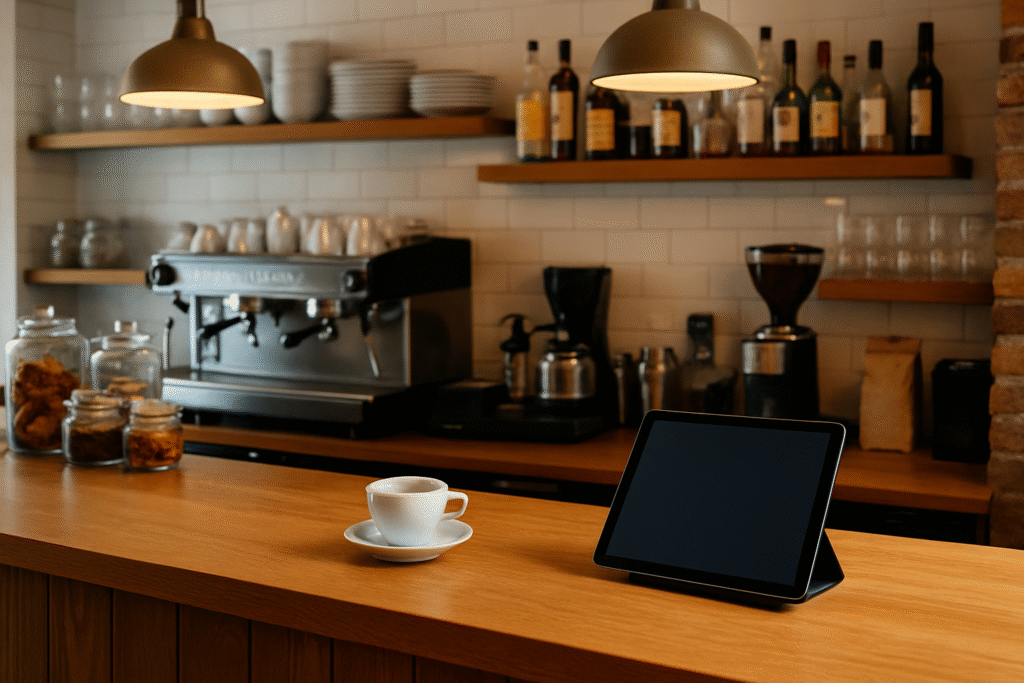 Tresen: Fiktives Beitragsbild von einem Tresen mit einer Tasse Cafe und einem Tablet im Hintergrund sieht man eine Kaffemaschine und zubehör