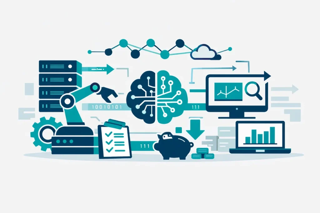 Automatisierte Datensätze Illustration mit Servern, Datenströmen und Roboterarm.