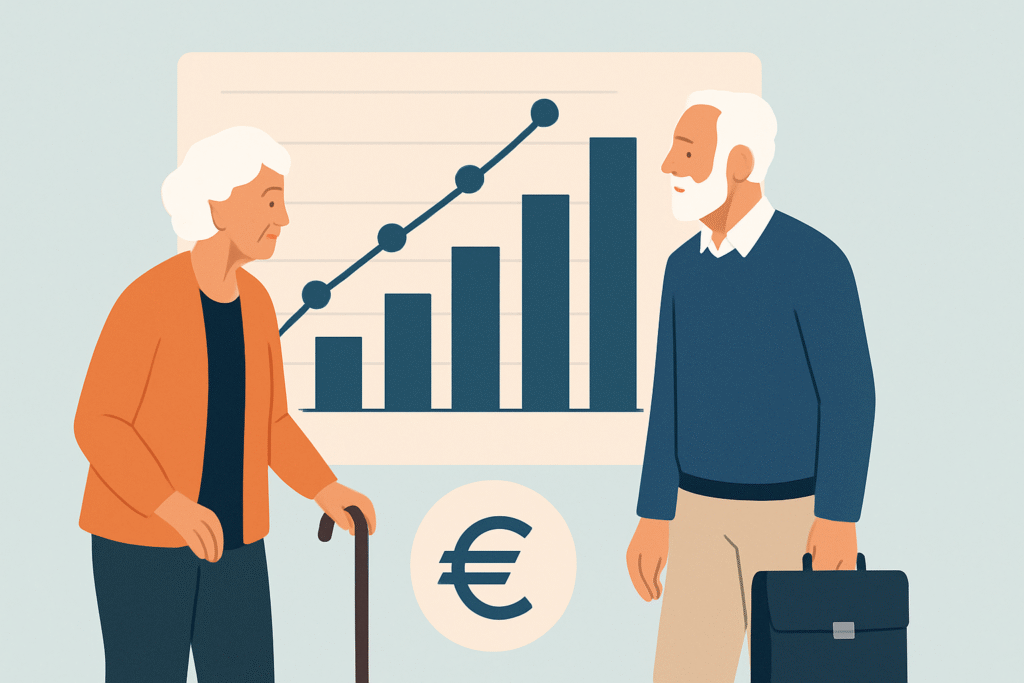 Durchschnittliche Rente in Deutschland: Fiktives Beitragsbild mit Rentnern, einem Eurozeichen und einem Graphen