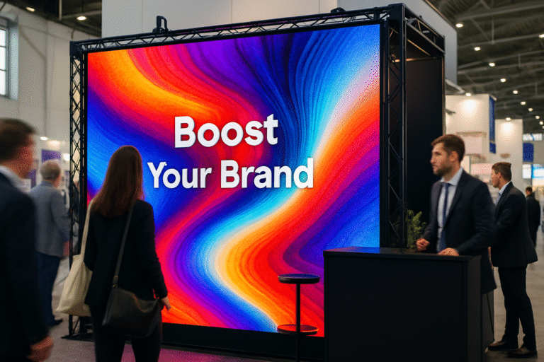 LED Messewand: Fiktives Bild einer Messe und einer großen LED Messewand